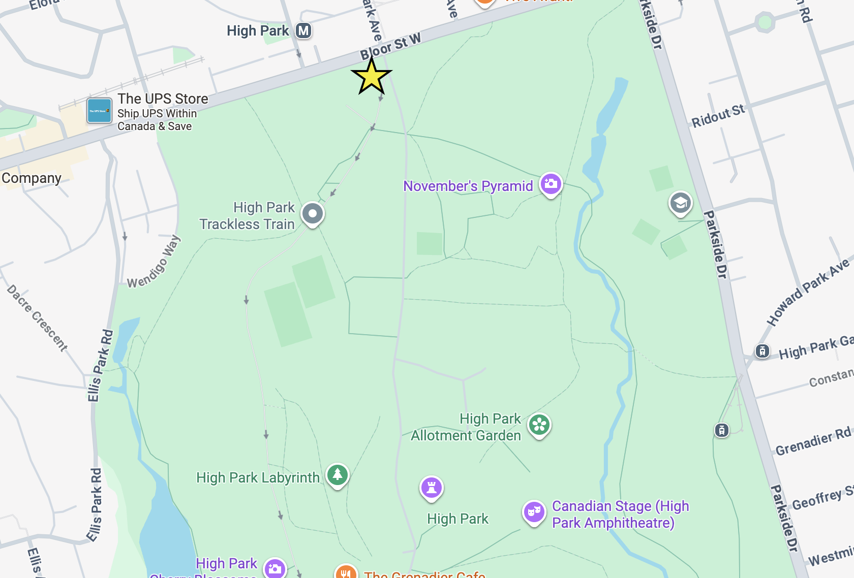 Google map of high park showing meeting location for a cleanup.