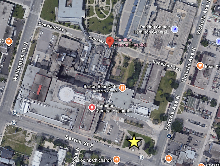 Map of meeting spot for cigarette research at Hamilton General Hospital marked by a yellow star.