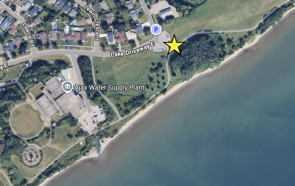 Google Map of the Ajax Waterfront Trail showing a yellow star near the Mcclarnan Parking lot where volunteers will meet for a cleanup event.