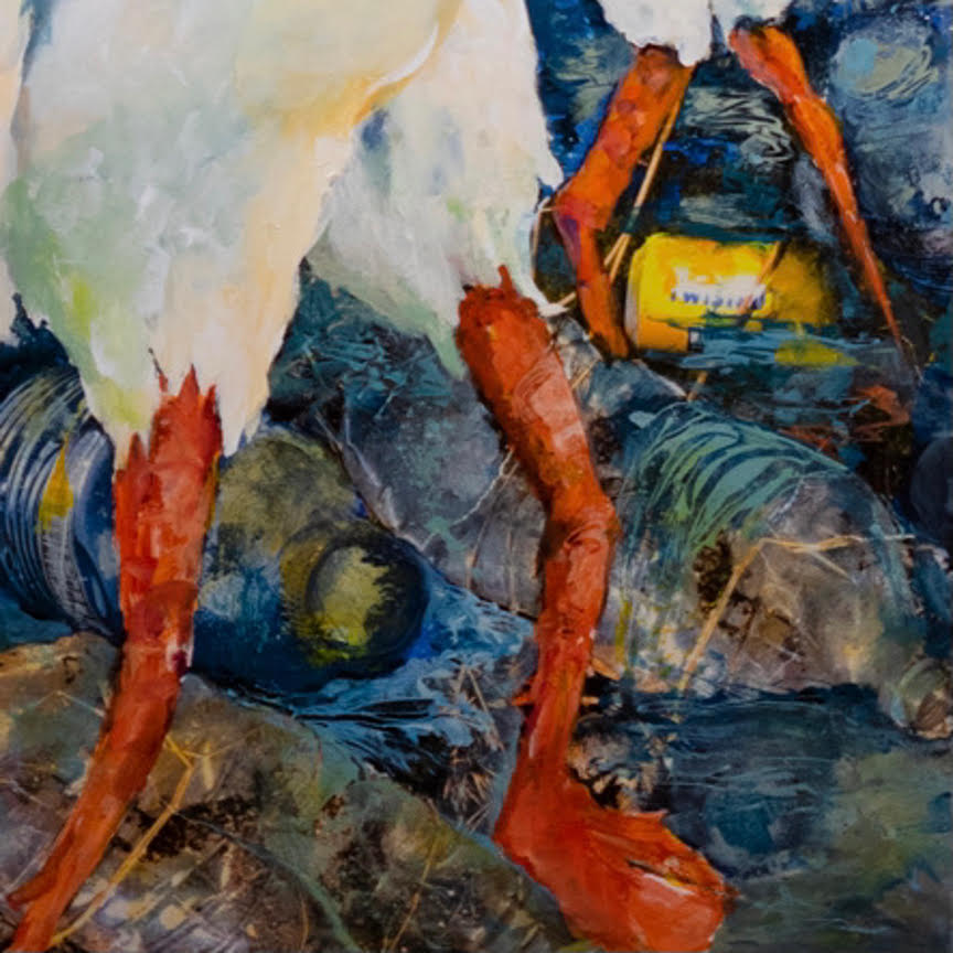 Close-up detail of a mixed-media painting showing textured layers, organic shapes, and warm earth tones inspired by environmental themes.