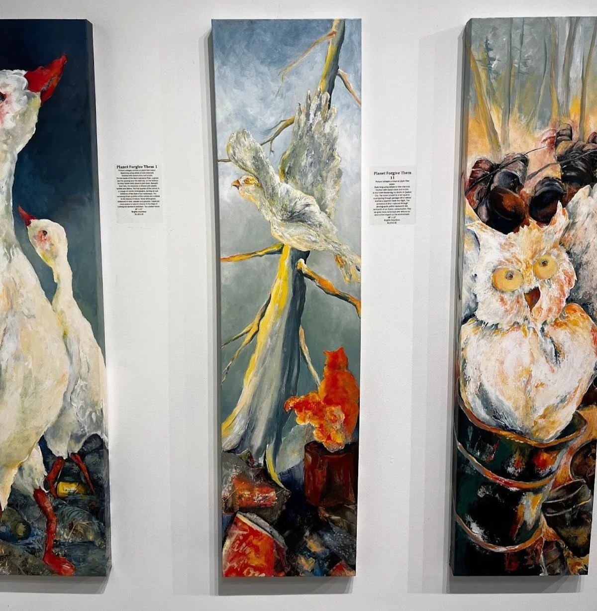 A series of tall, narrow paintings by Brigitte Goudreau shown together in a gallery installation, featuring abstract forms inspired by wildlife and environmental change.