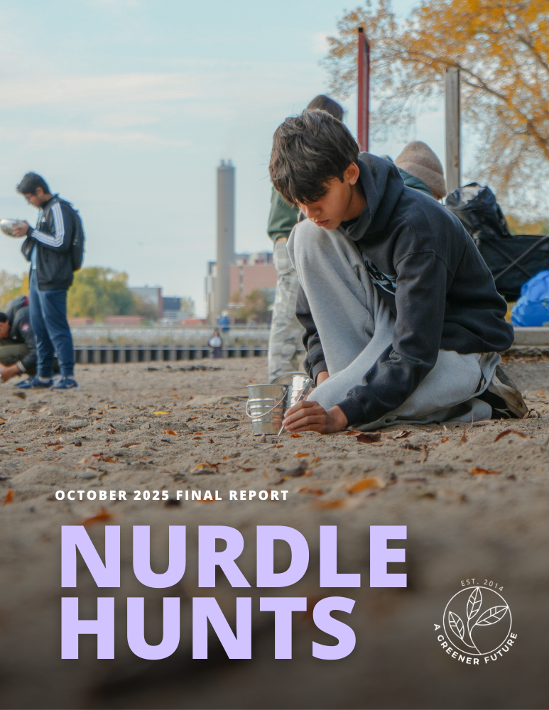Cover page of Nurdle Hunts program report 2025 showing a young man picking up nurdles at the beach.