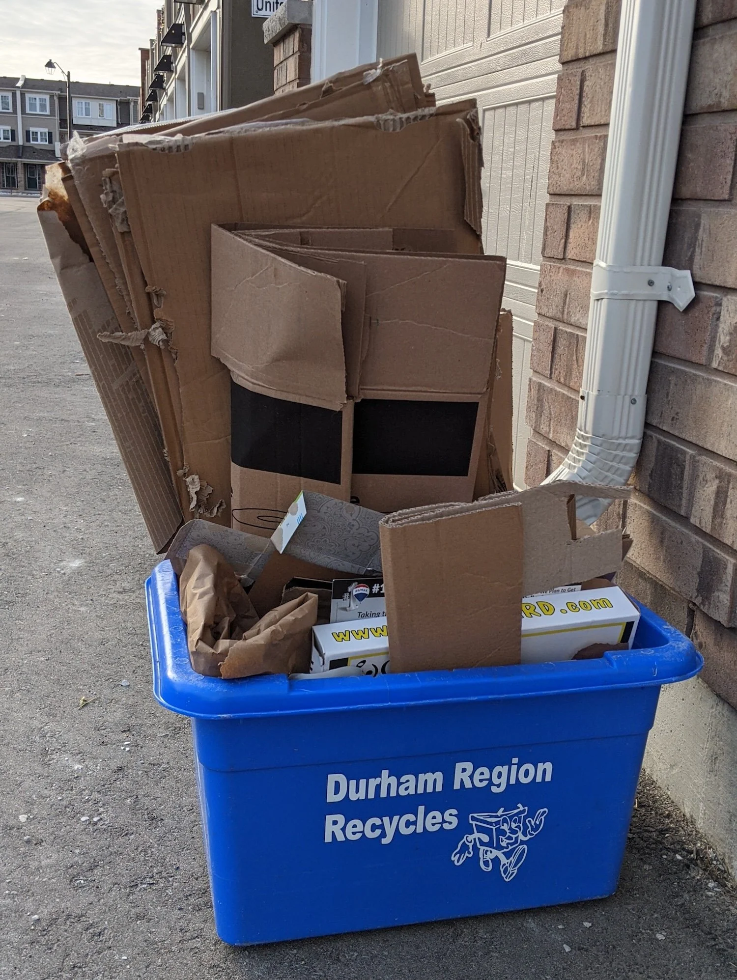 A Durham Region blue bin stuffed with folded cardboard