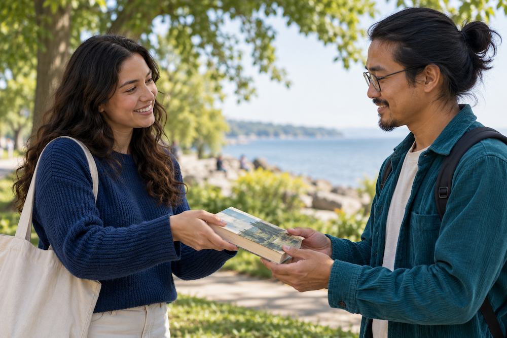 Two friends passing a gently used book to one another beside the waterfront.