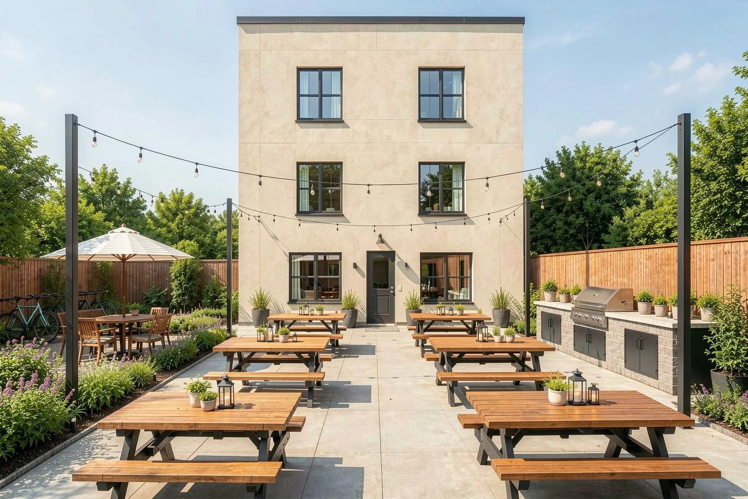 Outdoor patio with wooden picnic tables, string lights, potted plants, a built-in barbecue area, and a beige multi-story building in the background, surrounded by a wooden fence and greenery.