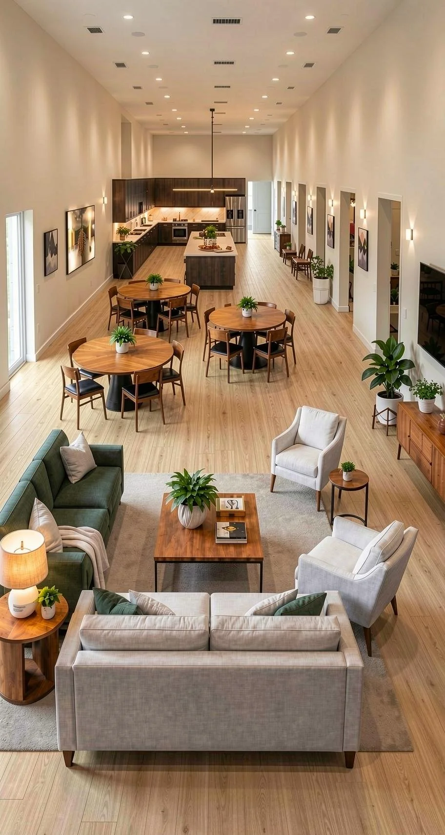 Open-concept living area with a kitchen, dining space, and sitting area. The room has light wood flooring, white walls, and modern furniture including sofas, chairs, and tables. There are plants and wall art, and the kitchen has dark cabinets, a white island, and stainless steel appliances.