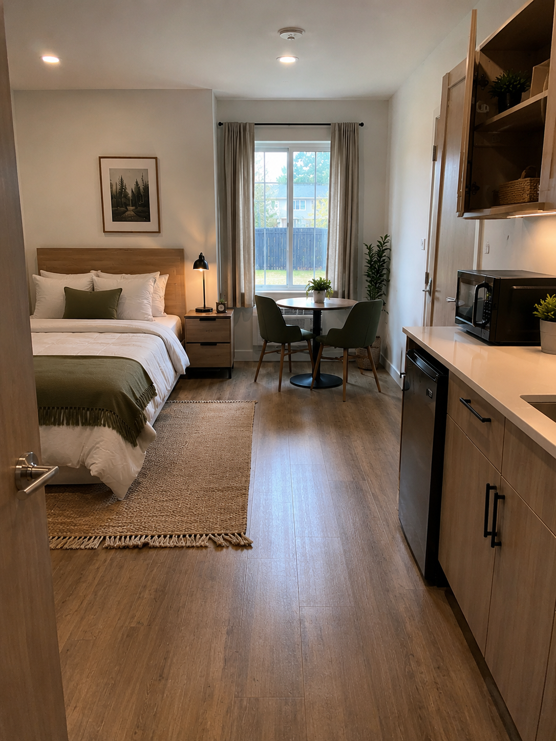 A cozy studio apartment with a bed, nightstand, lamp, small dining table with chairs, window with curtains showing a backyard, and a kitchenette with microwave, mini fridge, and open shelves.