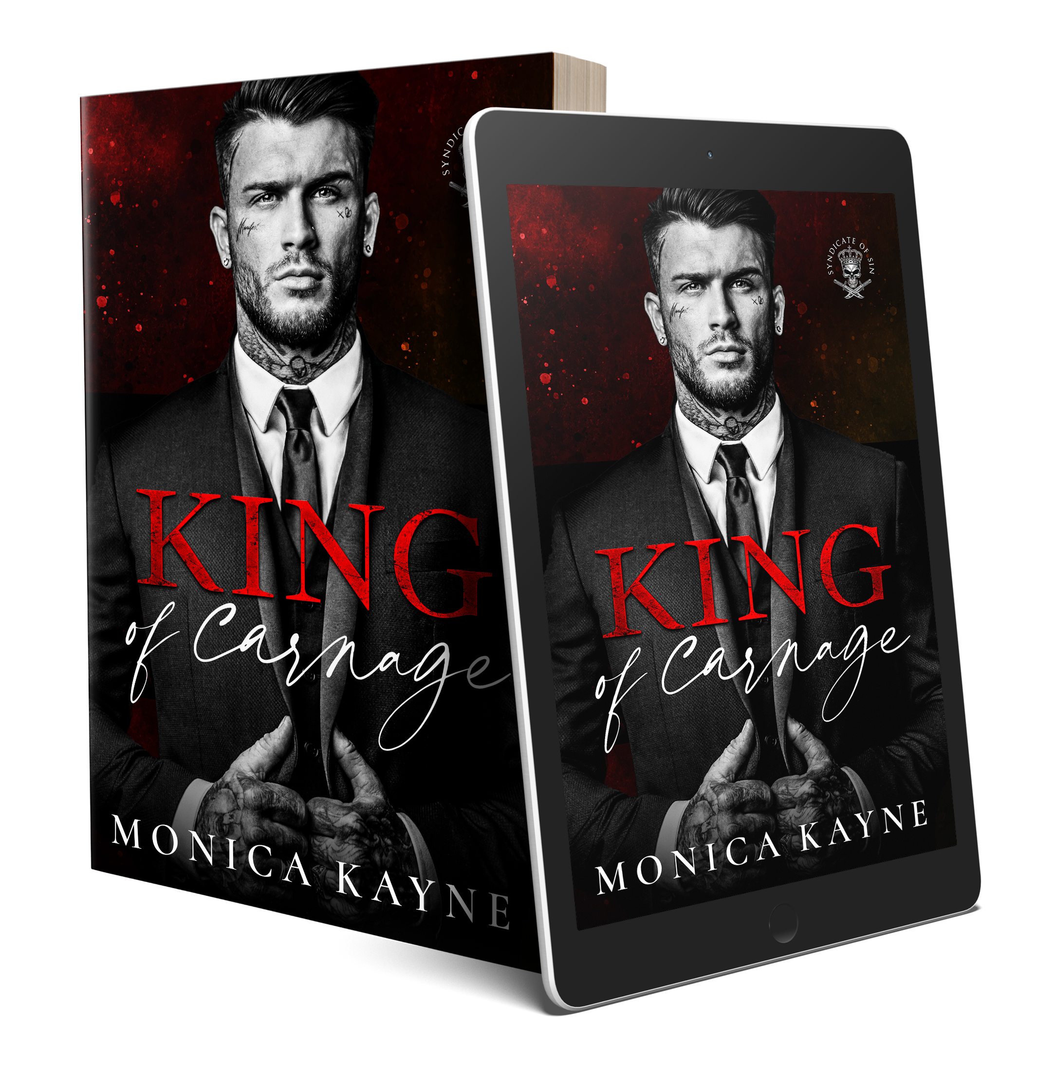 King of Carnage by Monica Kayne — paperback and tablet book mockup