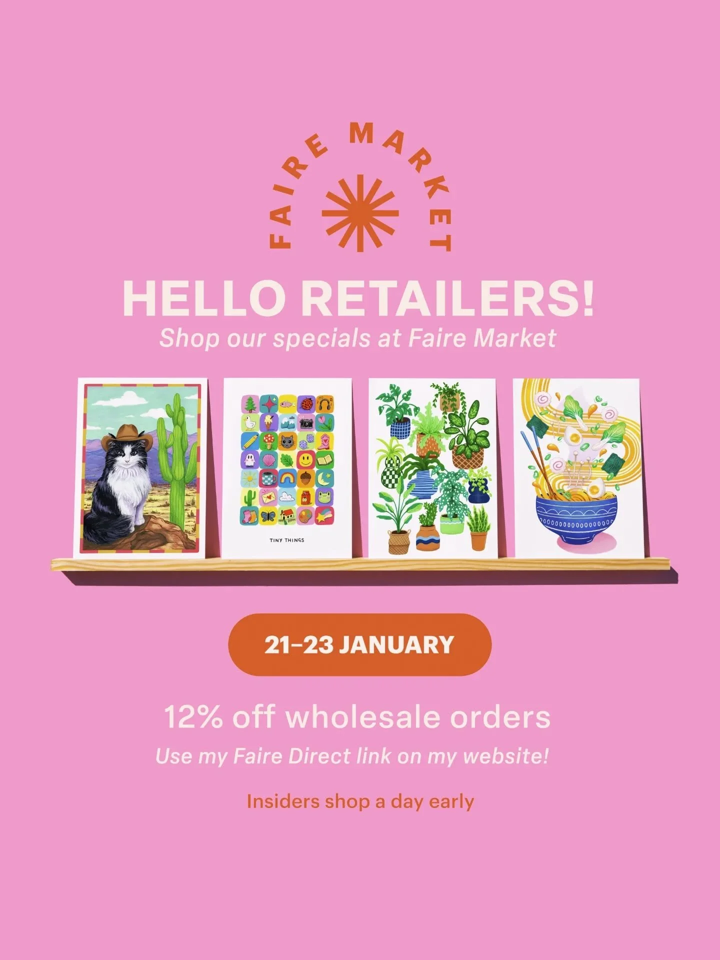 PSA to all shop owners!! 🎉🤍 You can now shop my products wholesale on @faire_wholesale

AND from today, between the 21-23rd of Jan you can snag a discount on your orders 🥳

If you have a brick and mortar shop and are looking for some new joyful il