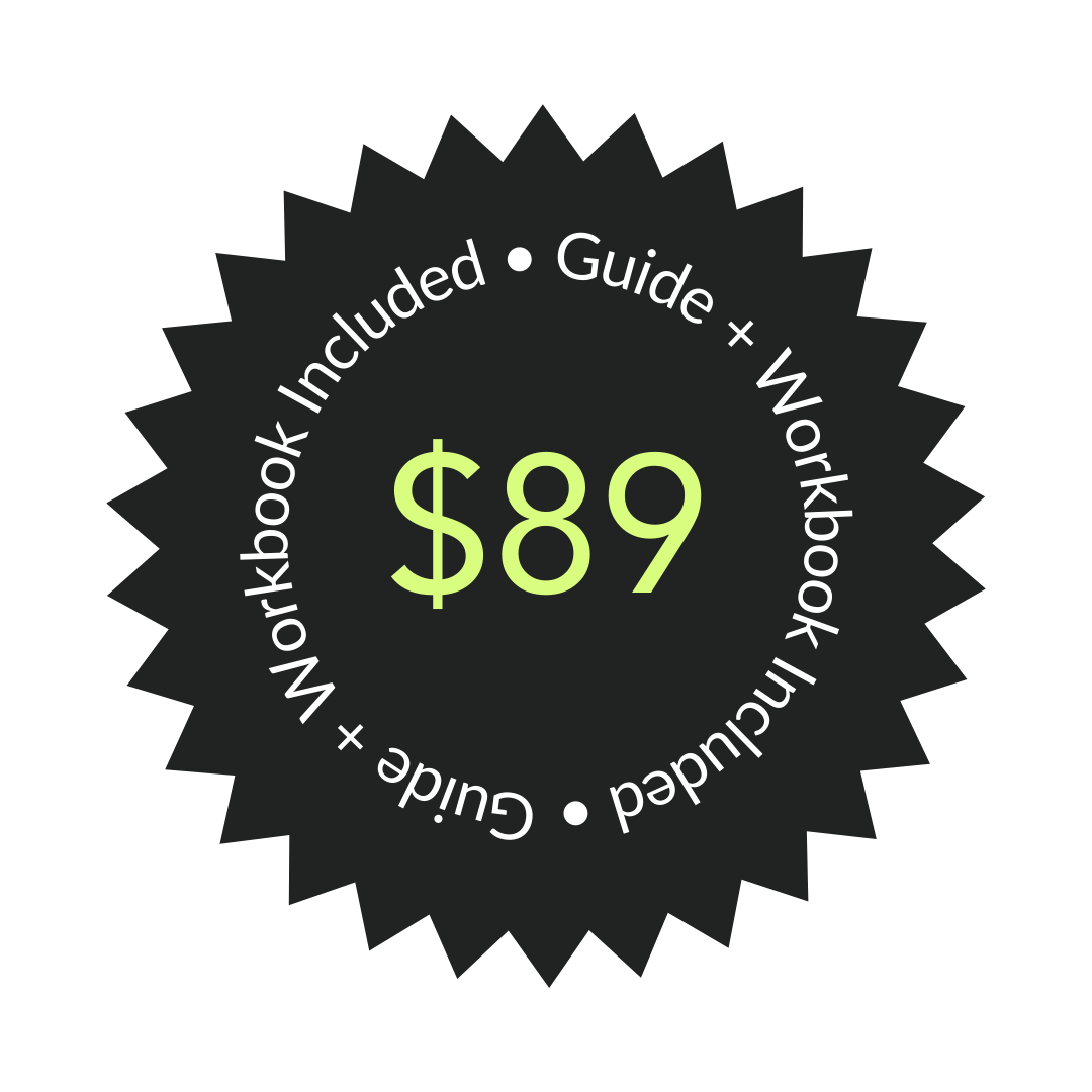 Price badge showing $89 with text indicating that a workbook, guide, and worksheet are included.