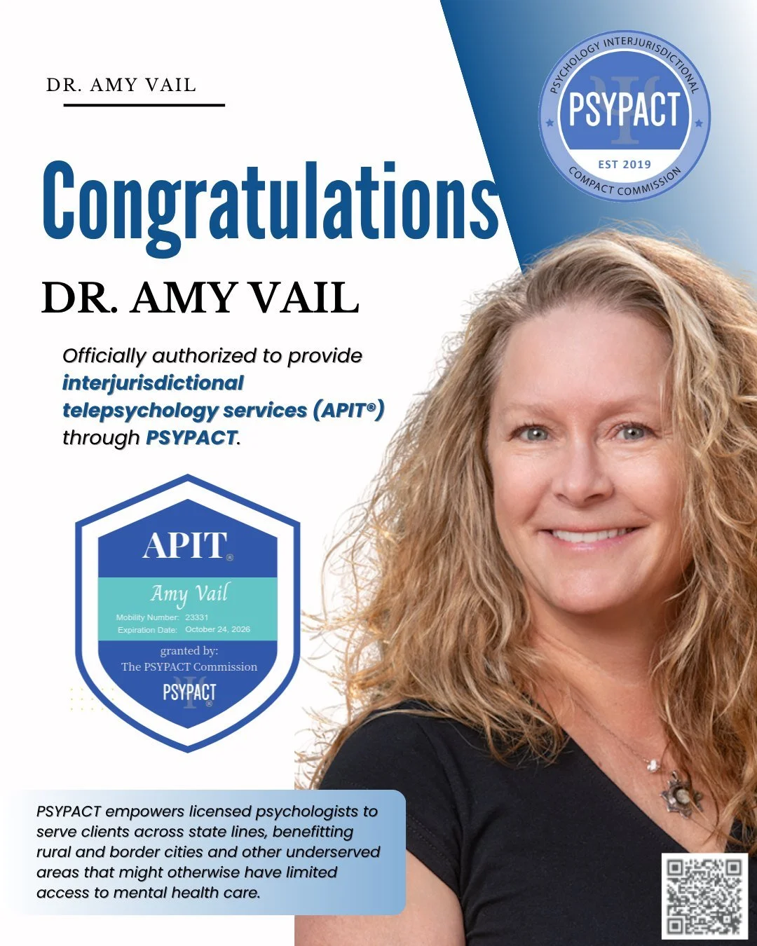 It's official, I have received authorization to provide Interjurisdictional Telepsychology services through the PSYPACT Commission! This allows me to provide telepsychology sessions to people in any of the 43 states that participate in PSYPACT. PSYPA