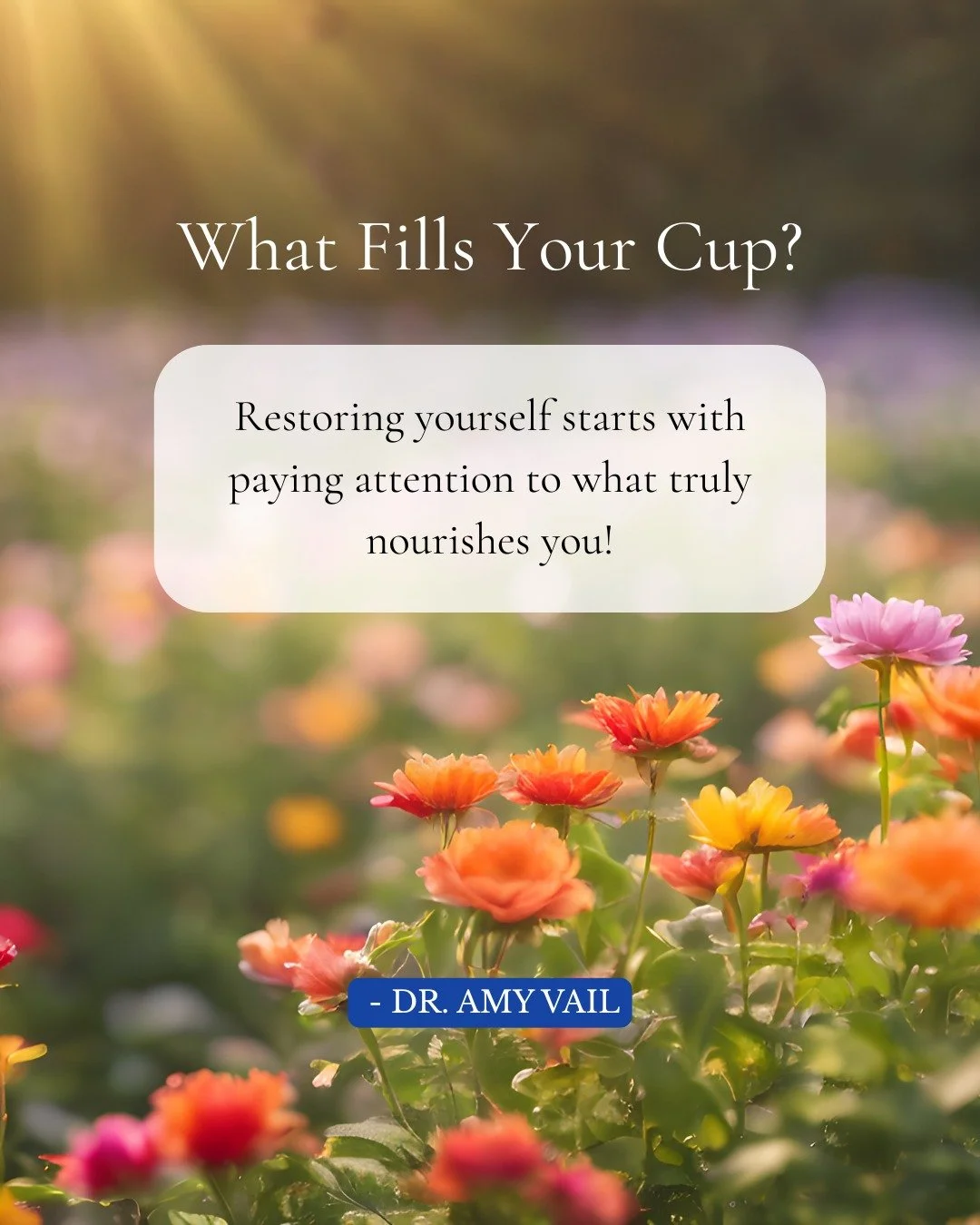 Tune In Tuesday 🙏🏻

The question most of us skip: what actually fills your cup? Not what looks good on paper. What genuinely restores you.

Name it. Then guard it like it matters, because it does. ❤️

~ Dr. Amy Vail
 #TuneIn #SelfCare #SelfLove #Th