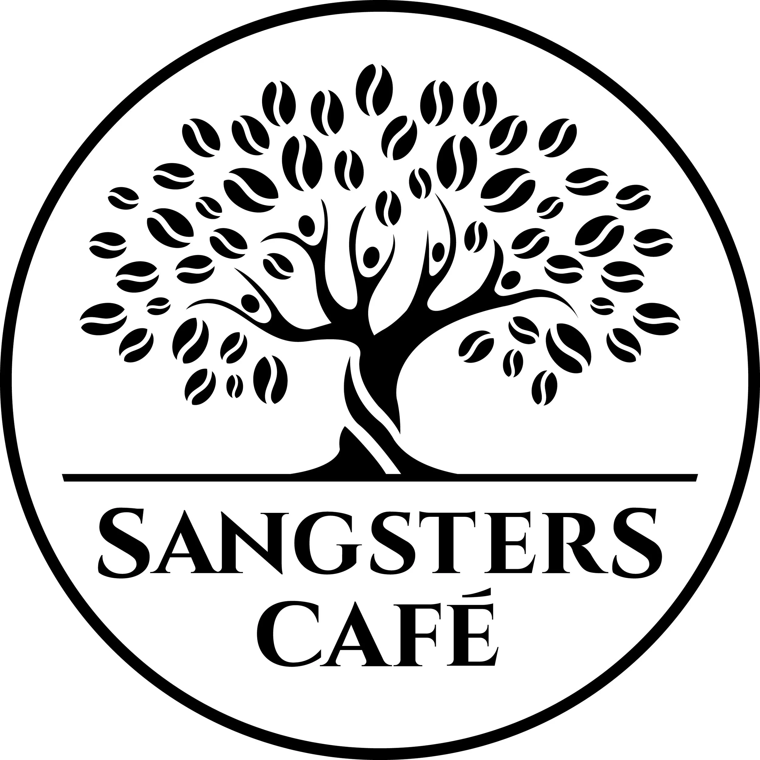 Logo of Sangsters Cafe featuring a black silhouette of a tree with many leaves inside a circular border. The text 'SANGSTERS CAFE' is beneath the tree.