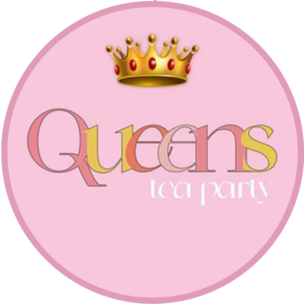 Pink circular design with a gold and red crown at the top, and the words "Queens tea party" in colorful, decorative font.