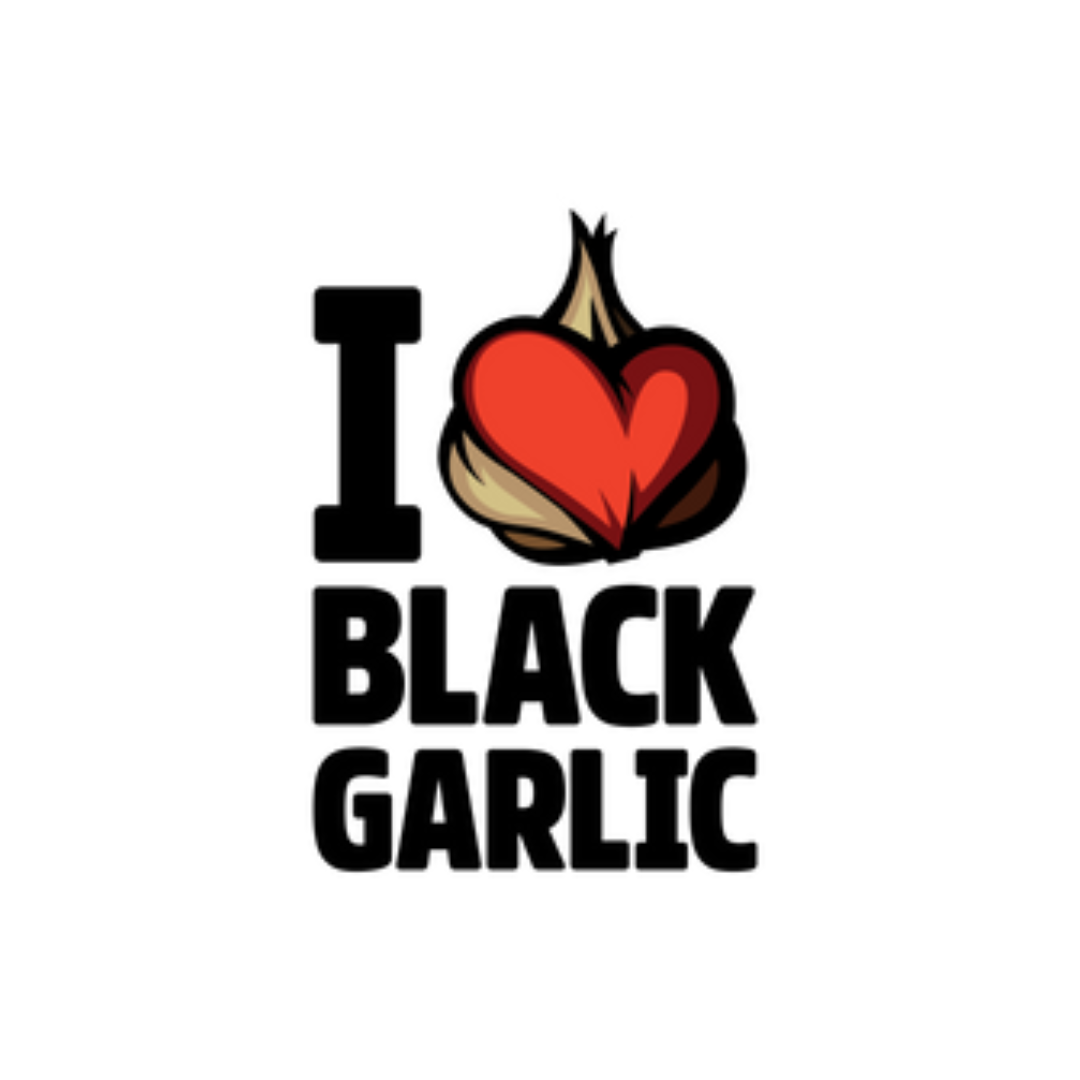 Graphic text saying 'I love black garlic' with a heart made of black garlic and a garlic bulb.