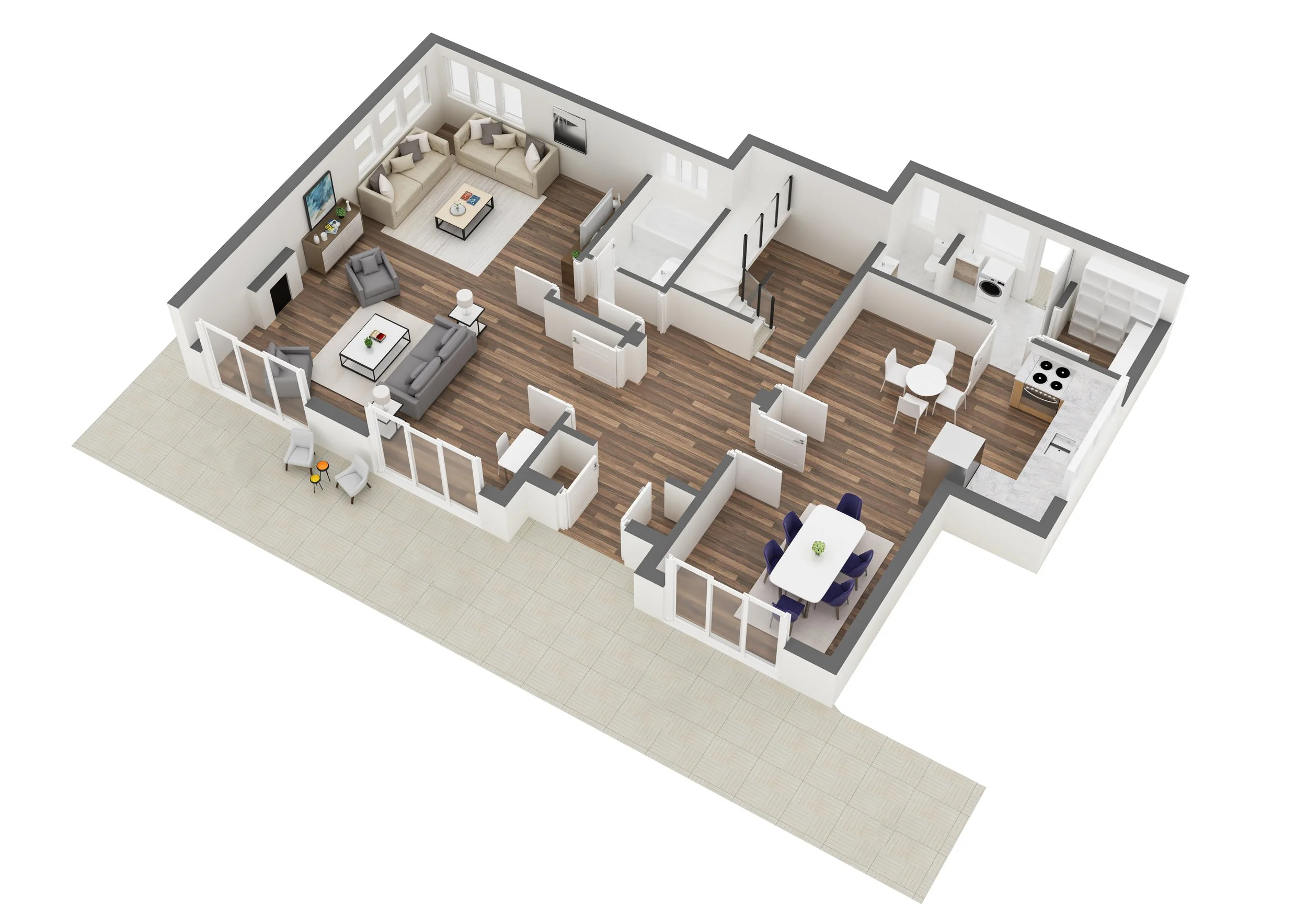 Plano de una casa vista desde arriba, con habitaciones que incluyen sala, comedor, cocina, dormitorios y baño, además de un patio exterior con muebles.