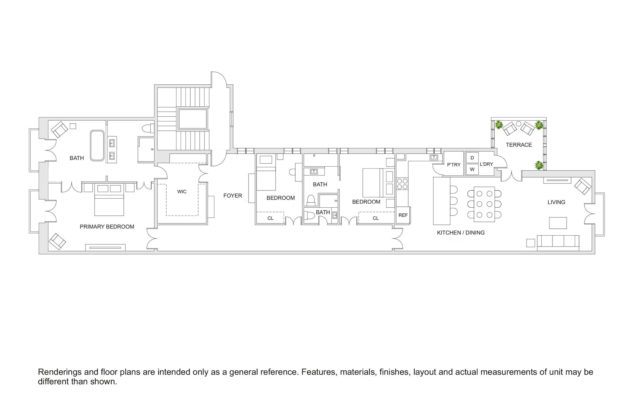 Plano de una casa con varias habitaciones incluyendo una sala, cocina, dormitorios, baños, terraza y vestíbulo.