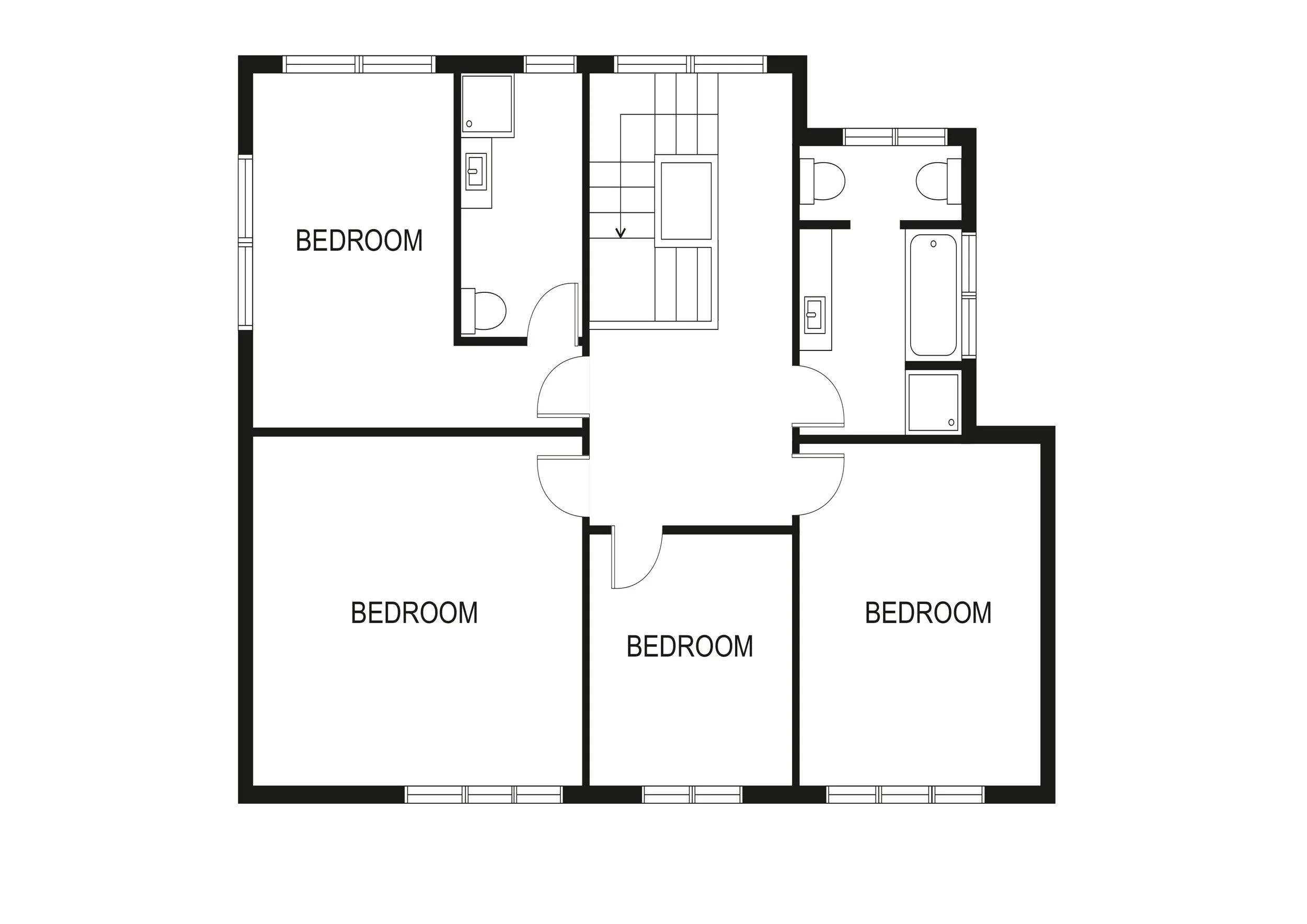 Plano de una casa con cinco habitaciones, dos baños, una escalera en el centro y varios pasillos.