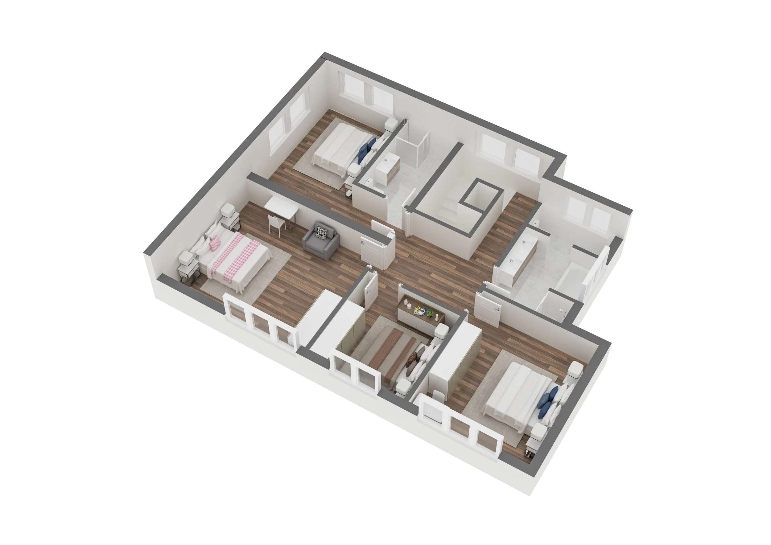 Plano de una casa con tres habitaciones y un área común, mostrando camas, escritorios, armarios, ventanas y pisos de madera.