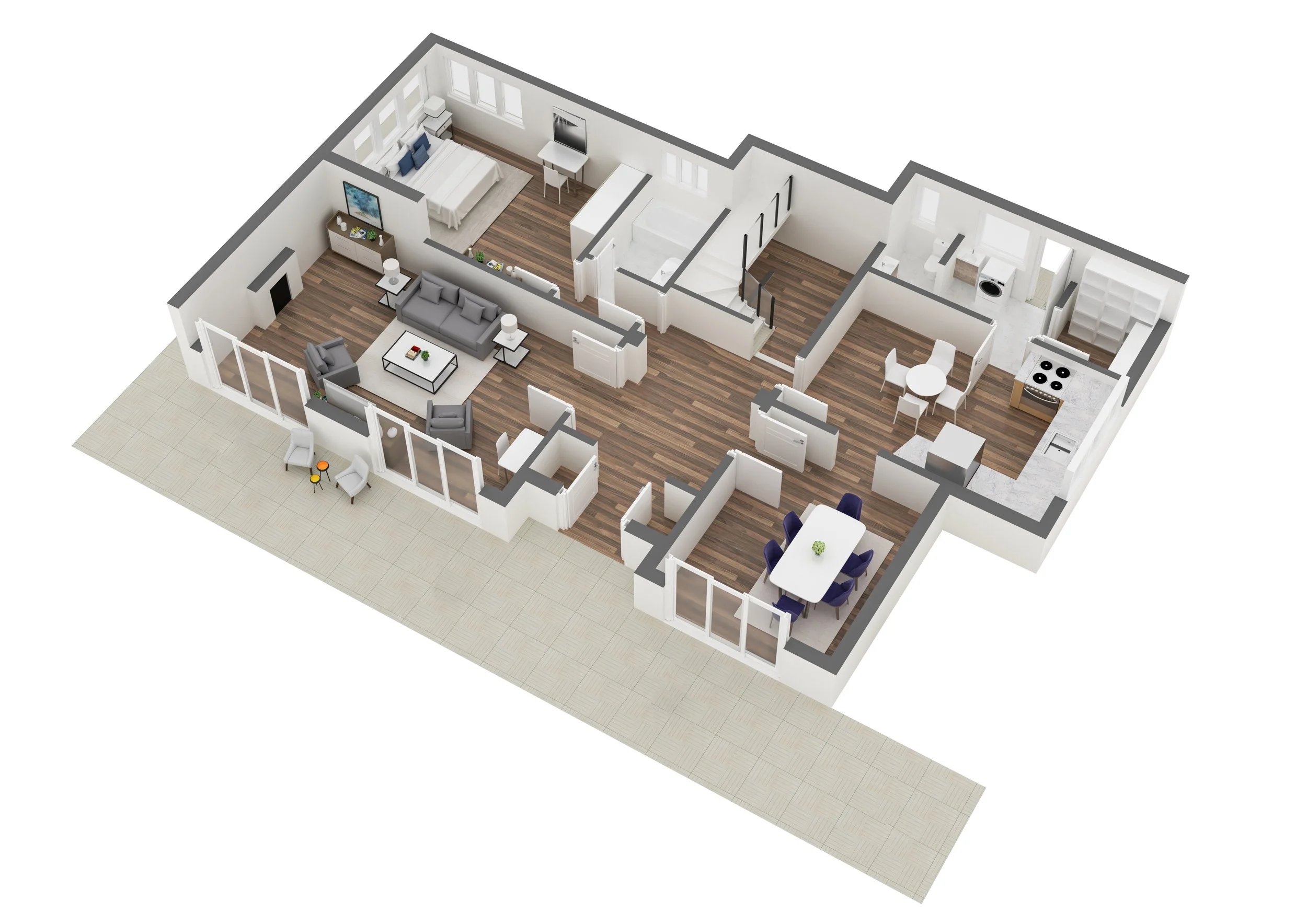 Plano de una casa con sala, comedor, cocina, dos habitaciones y baño, vista en 3D.