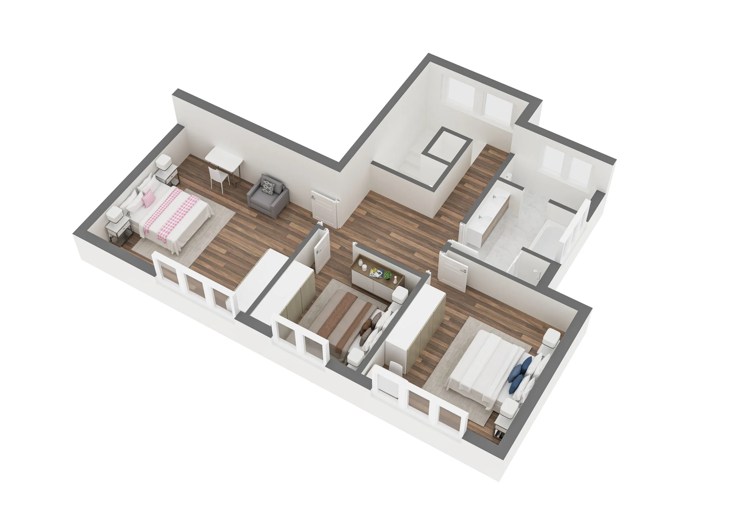 Vista en perspectiva de un plano de apartamento con tres habitaciones, una sala, y un baño, con pisos de madera y paredes blancas.