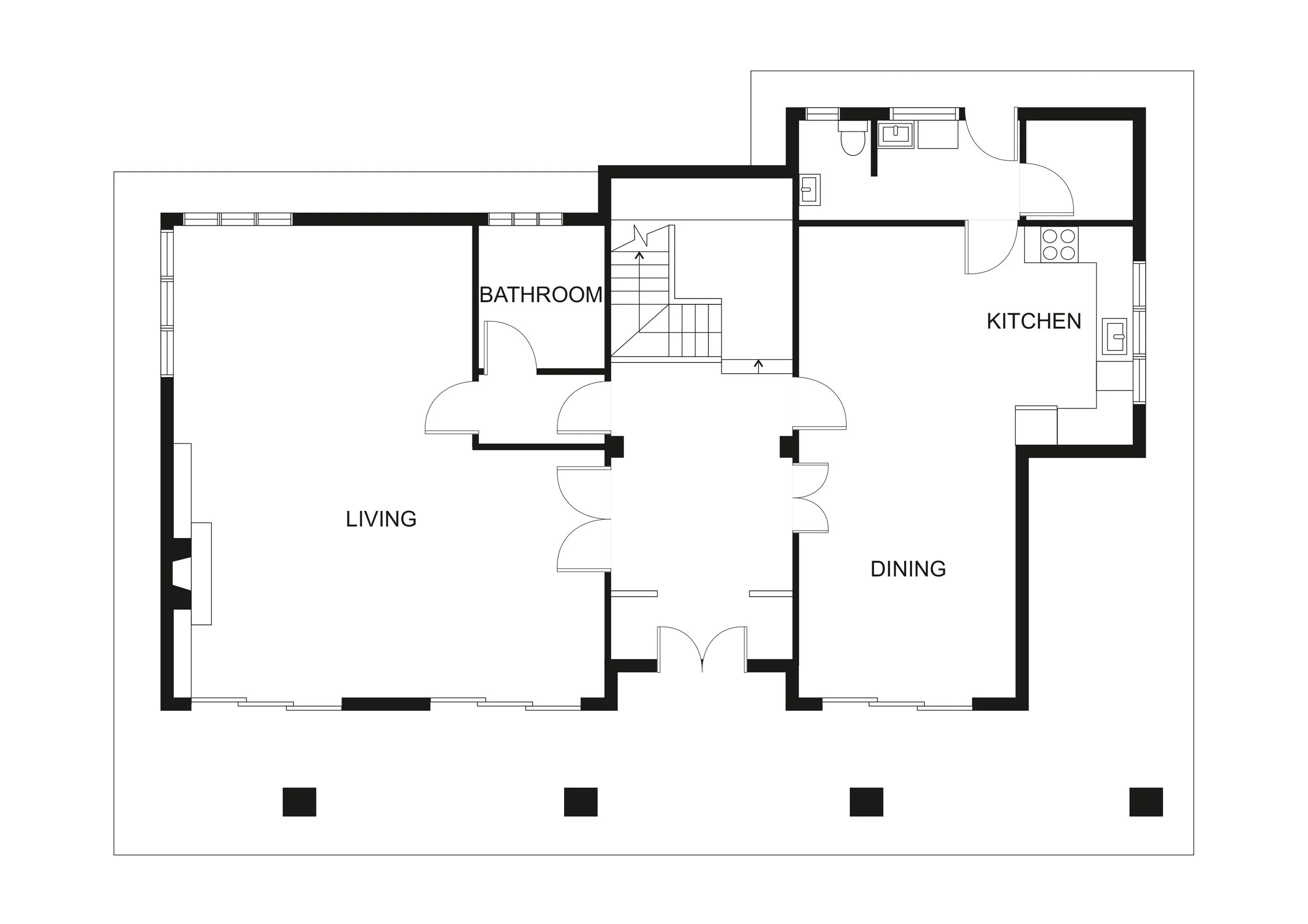 Plano de una casa que muestra las áreas de living, comedor, cocina, baño y una escalera central.