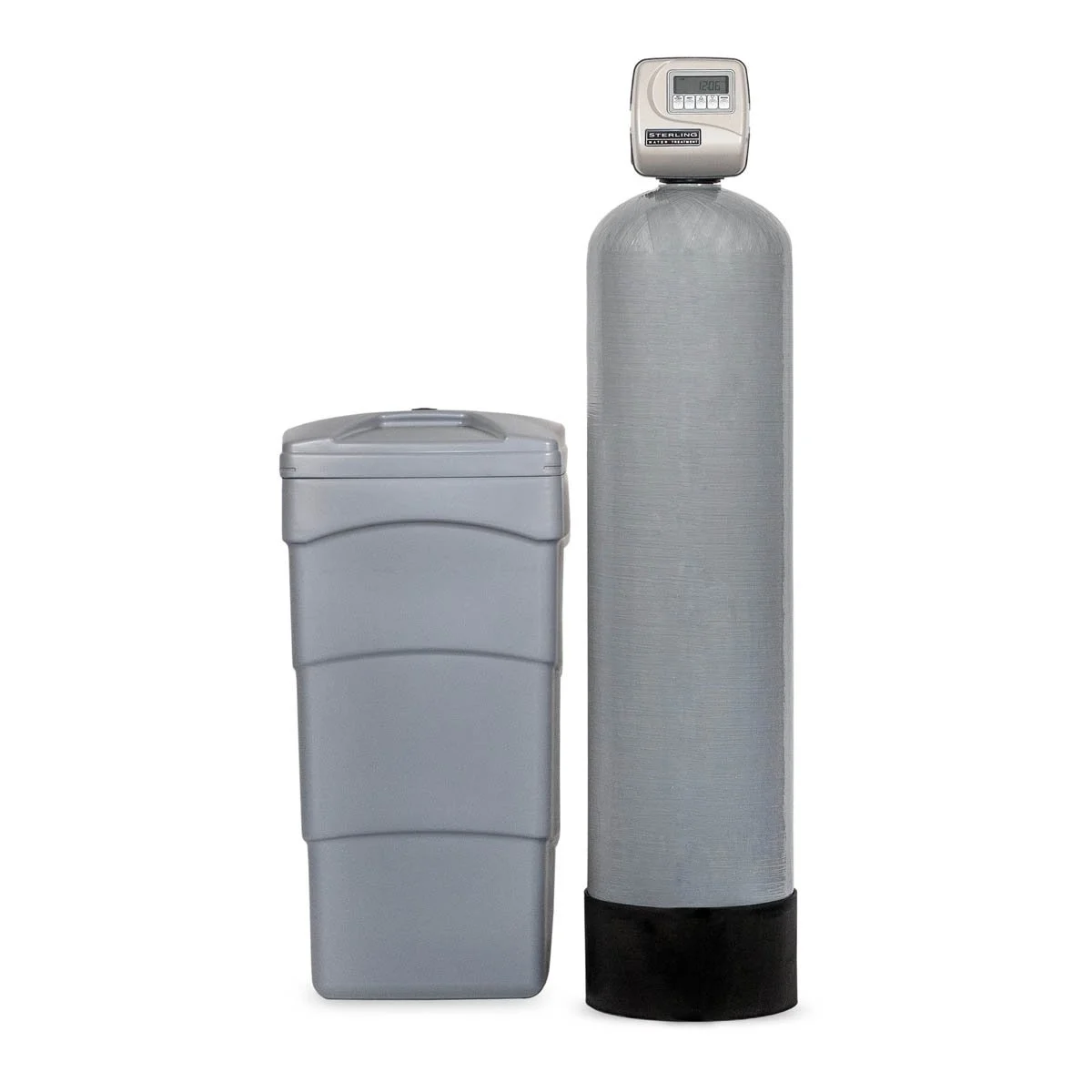 A water softener system with a large cylindrical tank and a control valve on top, and a separate brine tank with a lid.