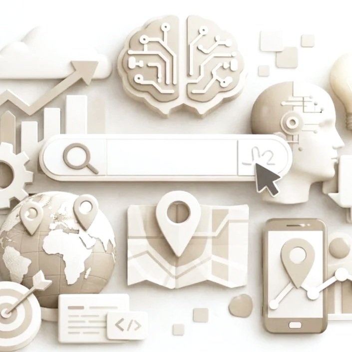White icons related to technology, navigation, and artificial intelligence, including a circuit brain, globe with location markers, search bar, smartphone with a location pin, and various abstract industry symbols.