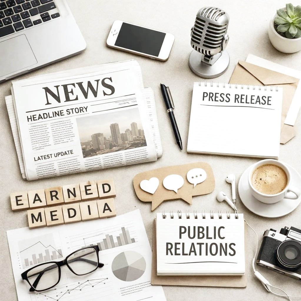 Desk with laptop, smartphone, microphone, press release notepad, coffee, glasses, newspaper, speech bubbles, and a camera.