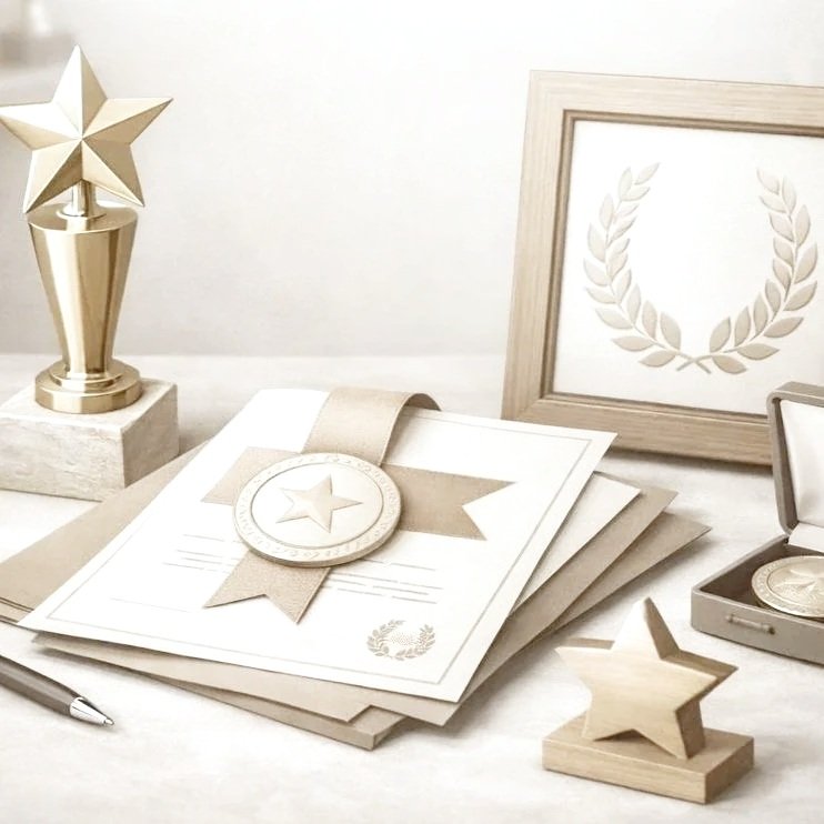 Awards and certificates with star symbols, a gold trophy with a star on top, and a framed laurel wreath on a table with a neutral color scheme.
