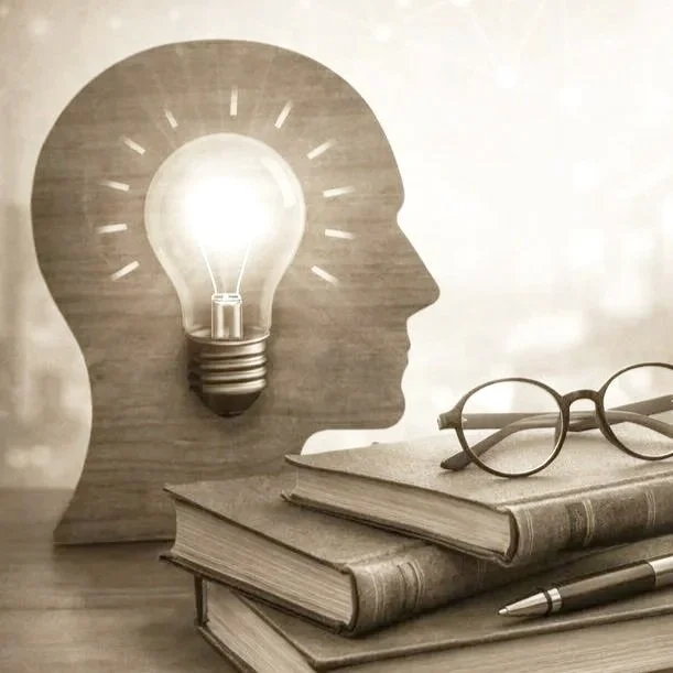 A wooden silhouette of a human head with a light bulb inside it, resting on a stack of books with glasses and a pen nearby.