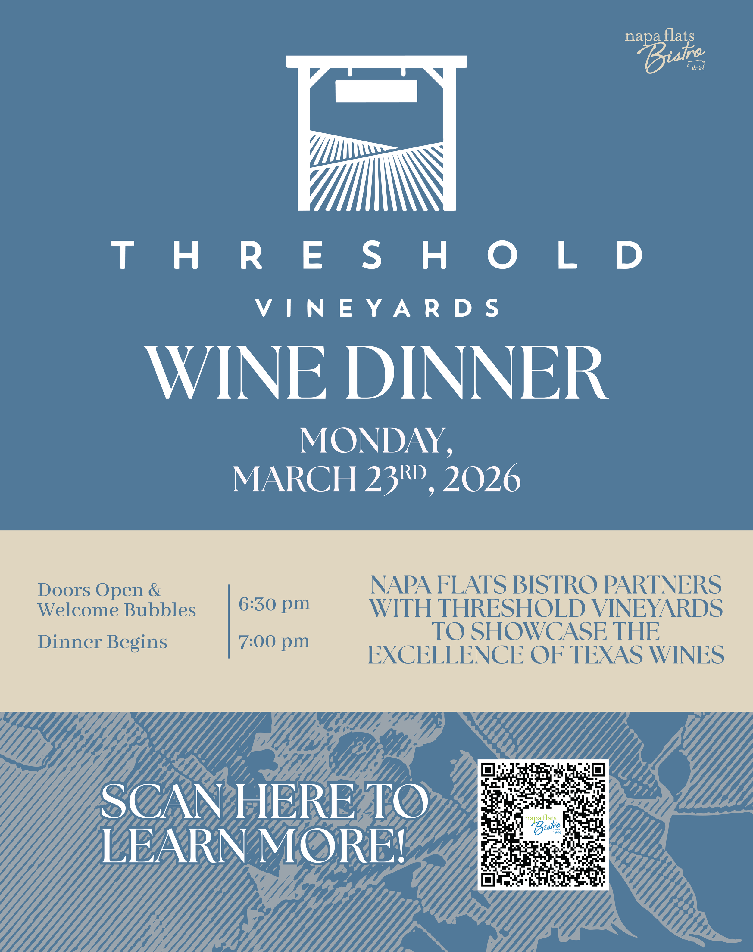 34392	Napa Flats Bistro	Design: AFrame Poster for Threshold Wine Dinner Mon,23Mar26
