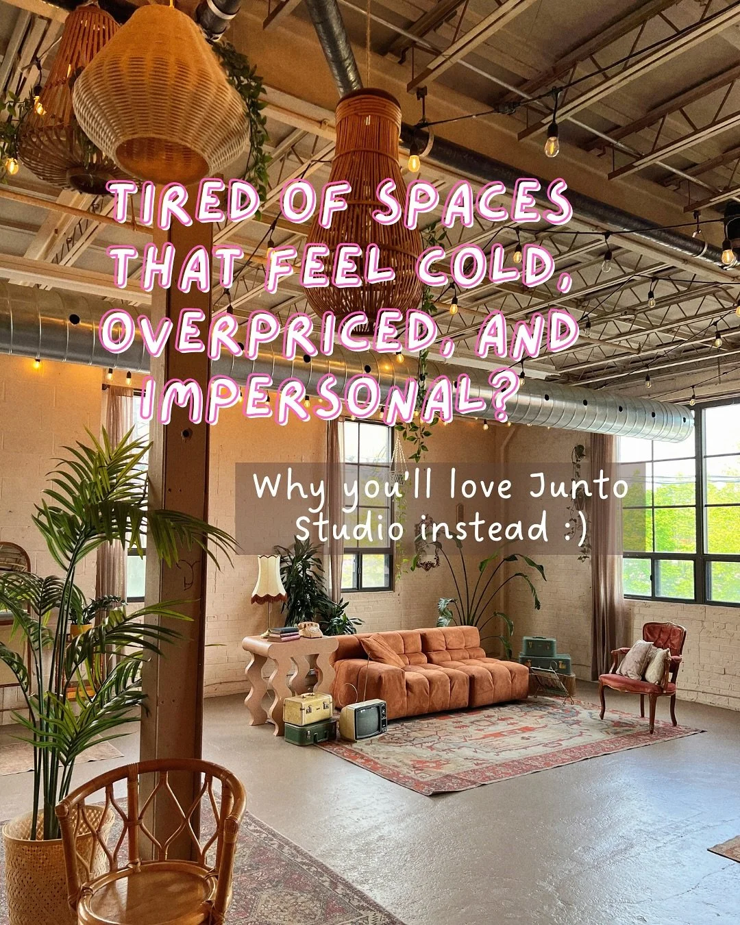 Are ya tired of venues that feel cold, overpriced, and kinda impersonal?&nbsp;
⠀⠀⠀⠀⠀⠀⠀⠀⠀⠀⠀⠀⠀⠀⠀⠀⠀⠀⠀⠀
Planning an event is stressful enough without all the insane fees and super strict rules. And that&rsquo;s exactly why we created Junto Studio! To be 