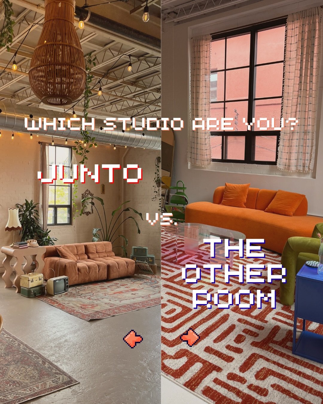 Two studios. Two energies. Which one feels like you?&nbsp;&nbsp;
⠀⠀⠀⠀⠀⠀⠀⠀⠀⠀⠀⠀⠀⠀⠀⠀⠀⠀⠀⠀
🌞 Junto &rarr; cozy, intimate, warm, vintage-inspired
🍄 The Other Room &rarr; bold, colourful, modern, playful
⠀⠀⠀⠀⠀⠀⠀⠀⠀⠀⠀⠀⠀⠀⠀⠀⠀⠀⠀⠀
No wrong answers, just differe