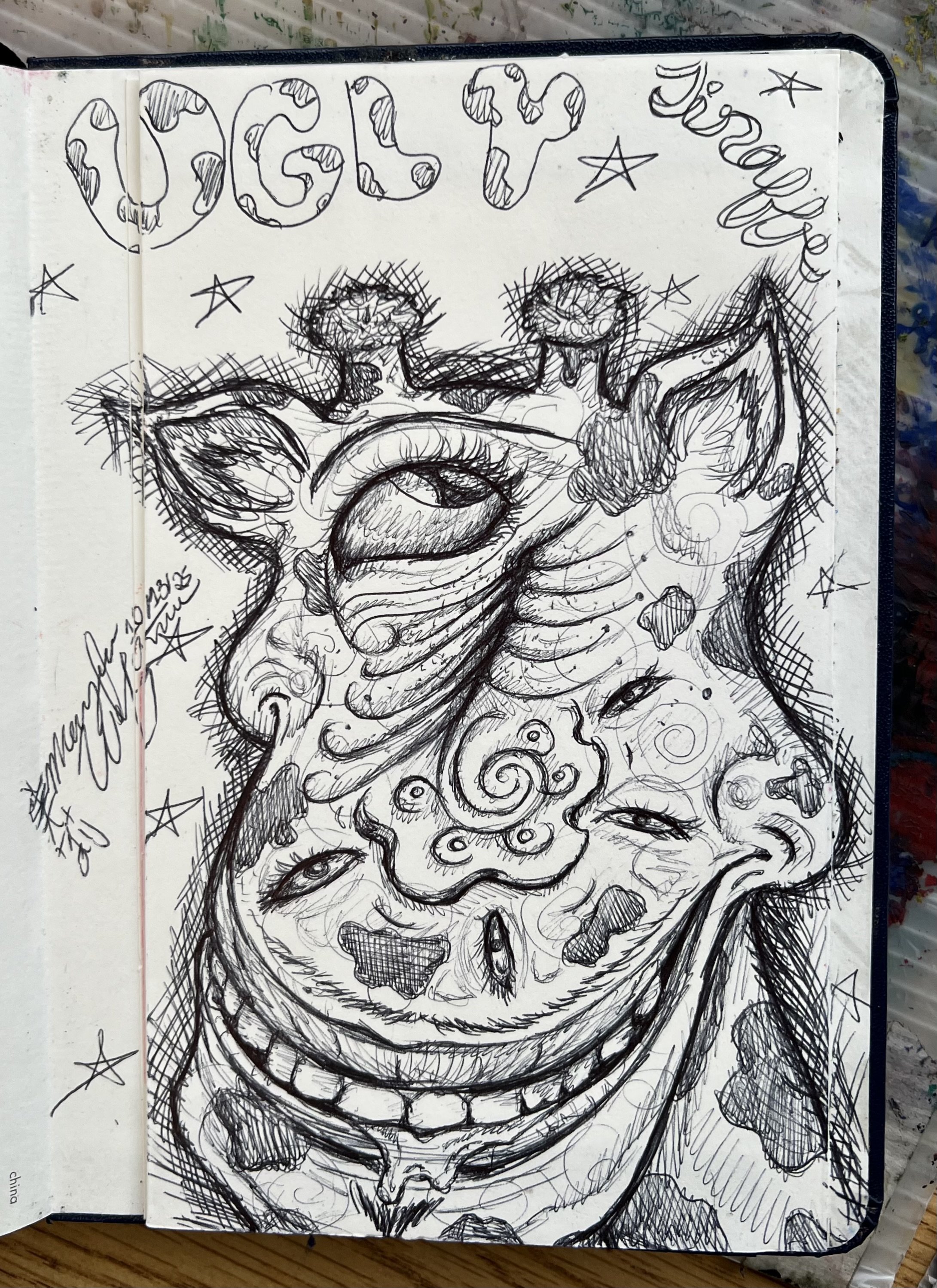 Ugly Giraffe, 2025, pen on paper, 8.5" x 11"