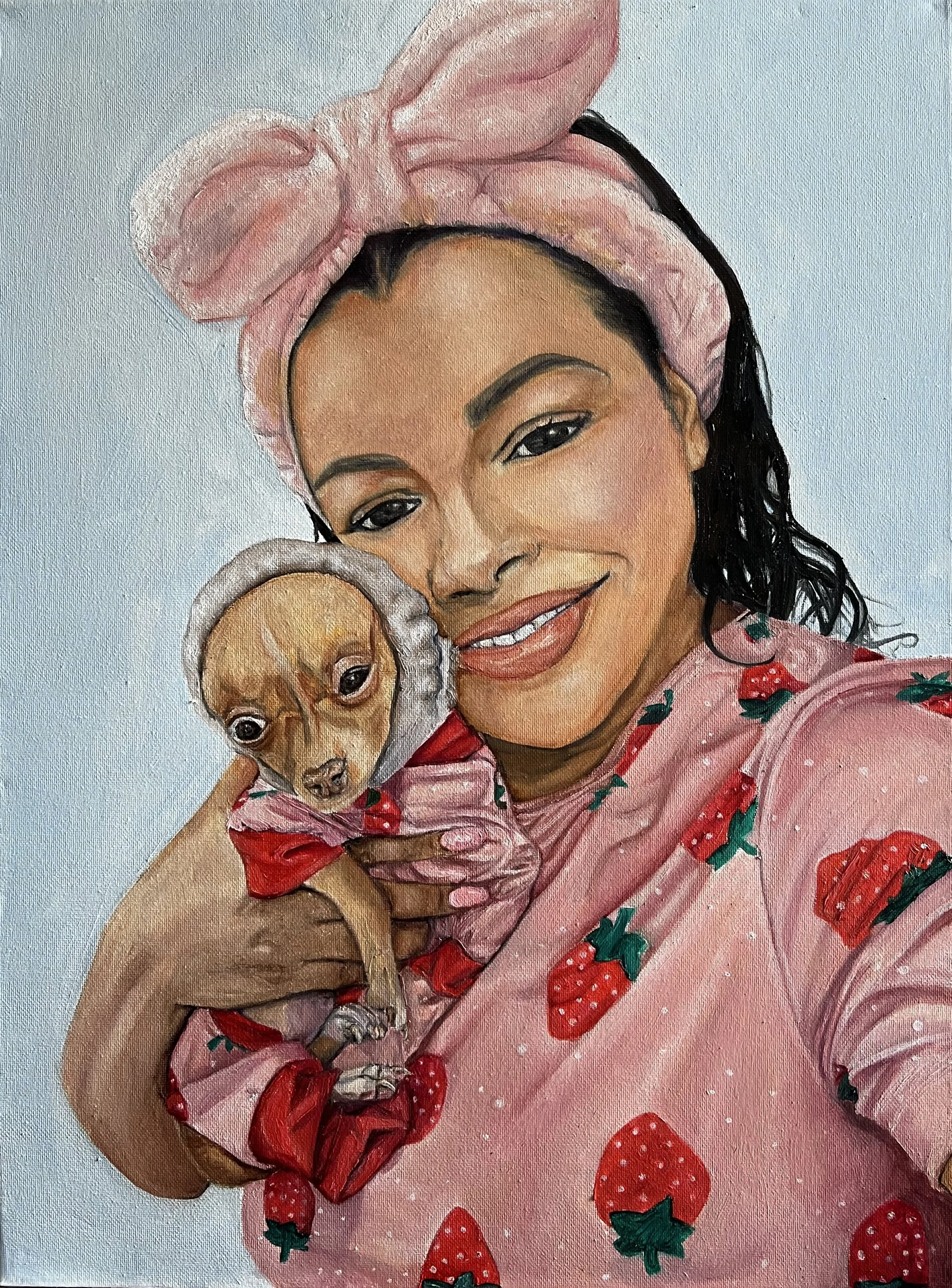 Commission - Woman with Dog, 2026, oil paint on canvas, 18" x 24"
