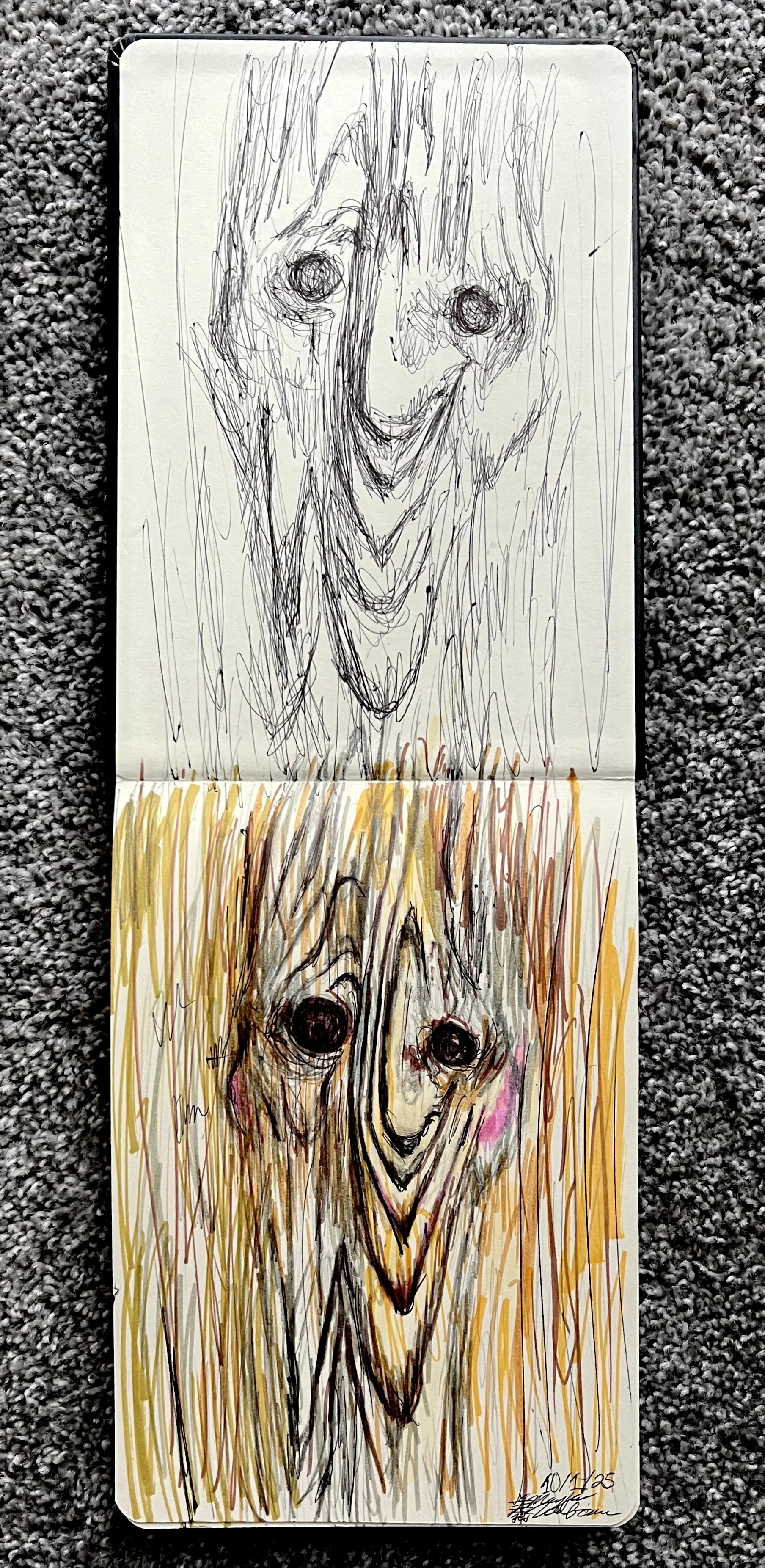 Floor Woman, 2025, pen, markers, and colored pencil on paper, 16" x 6"