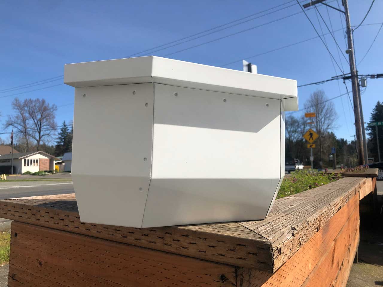 Custom sheet metal collector box IS corner white | Washington State