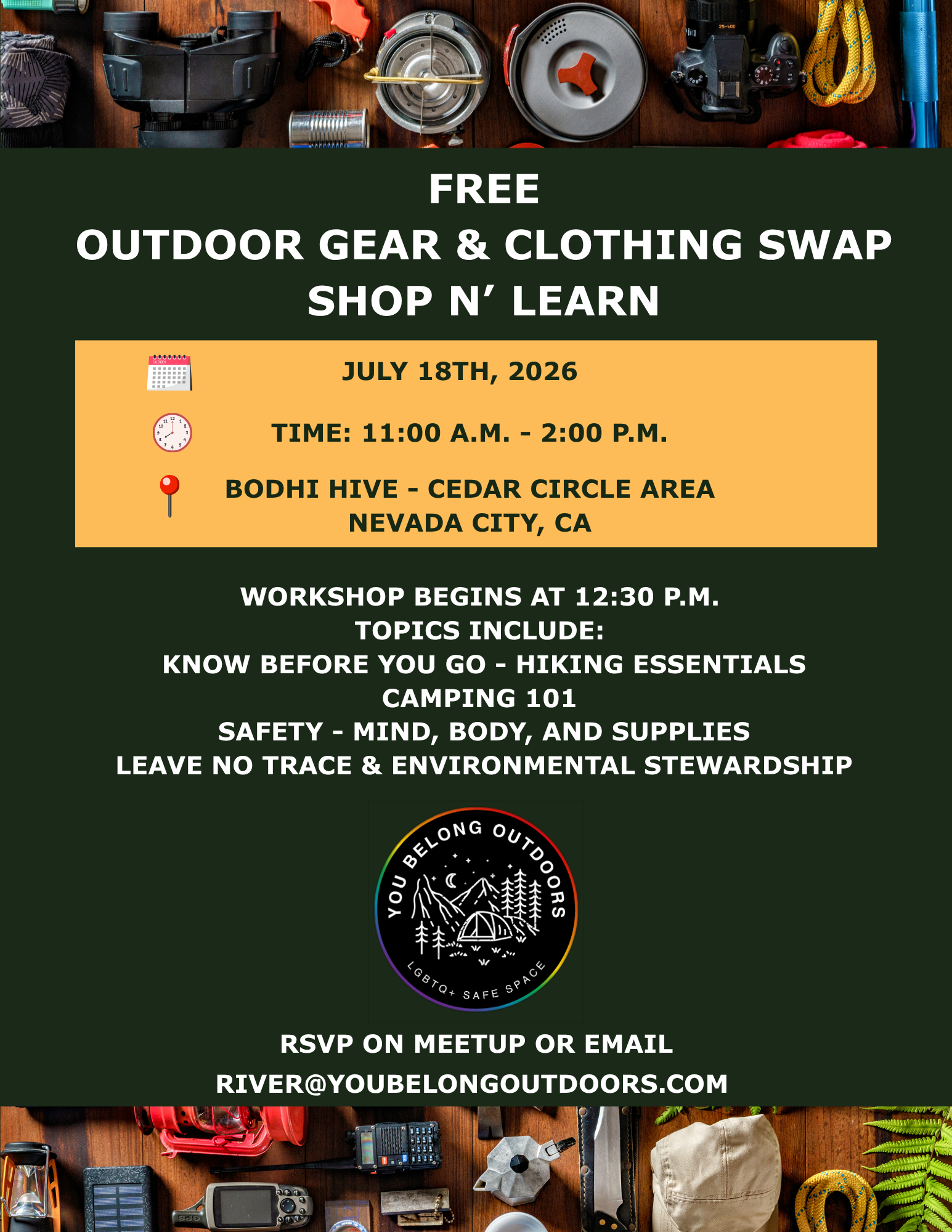  Free Outdoor Gear & Clothing Swap, Shop N' Learn with You Belong Outdoors
