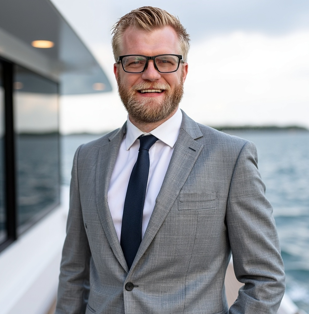 A smiling man with glasses and a beard, dressed in a gray suit and dark tie, standing outdoors on a boat with water and a cloudy sky in the background.