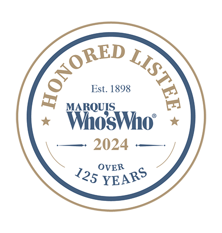 A circular badge that reads 'Honored Timeline, Est. 1898, Over 125 Years,' with 'Marquis Who's Who' in the center and the year '2024' at the bottom.