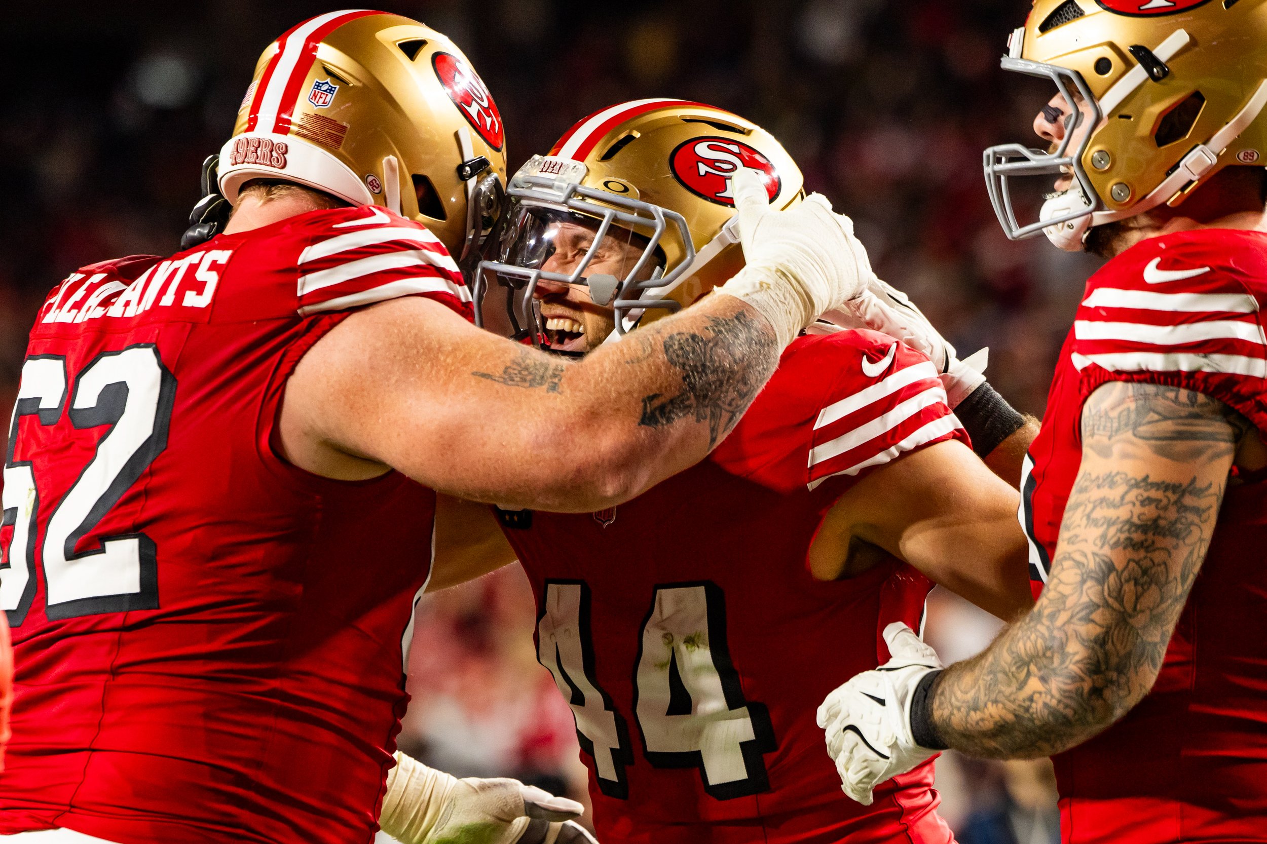 49ers safety Malik Mustapha and safety Jason Pinnock celebrate a defensive stop against the Panthers during the second quarter at Levi’s Stadium on Monday, Nov. 24, 2025.
