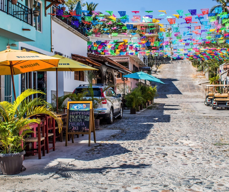 Colorful streets and beach view of Bucerías Mexico town showing its unique character