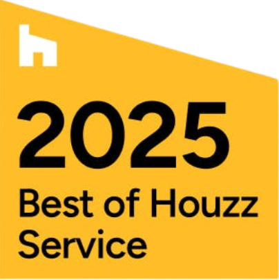 Award badge with yellow background, white 'h' logo, and black text that reads '2025 Best of Houzz Service'.