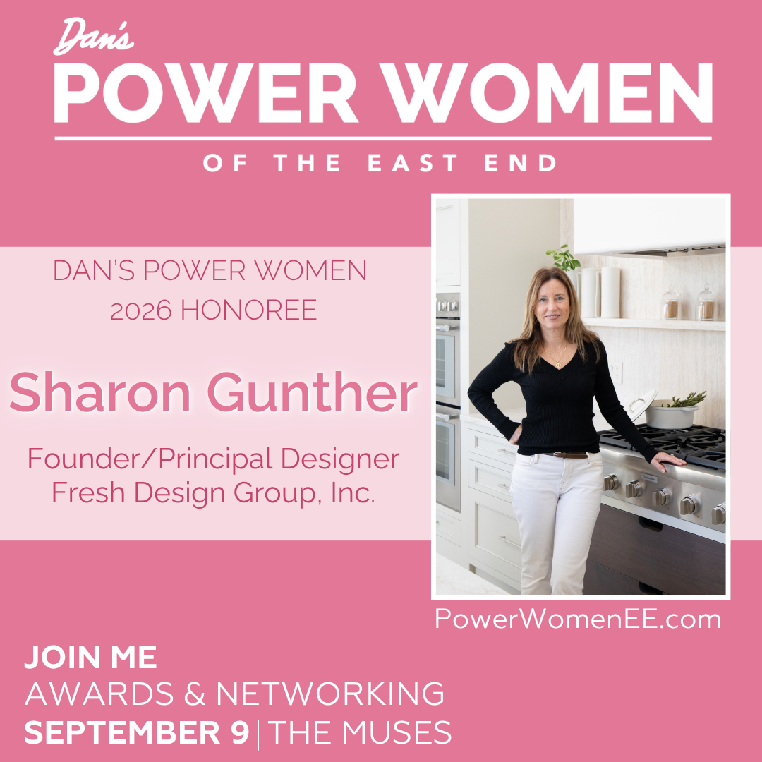 A promotional poster featuring Sharon Gunther, a 2026 Honoree for Dan's Power Women of the East End. The poster has a pink background with white and purple text, and a photograph of Sharon Gunther standing in a modern kitchen, wearing a black sweater