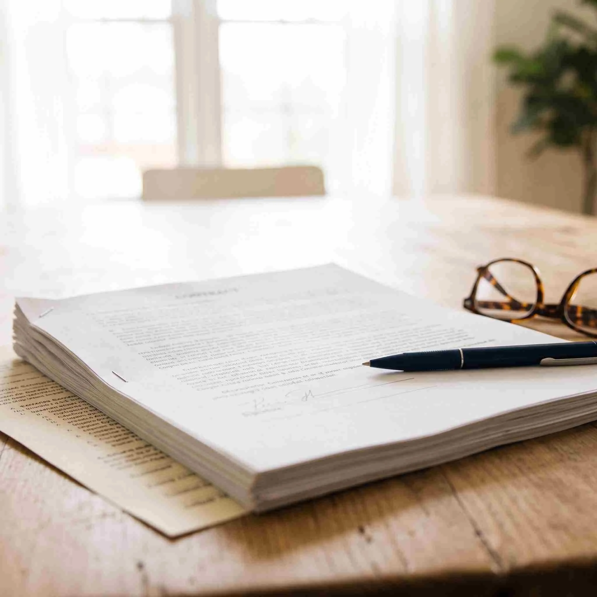 open assisted living contract with a pen on the signature line on a sunlit dining table