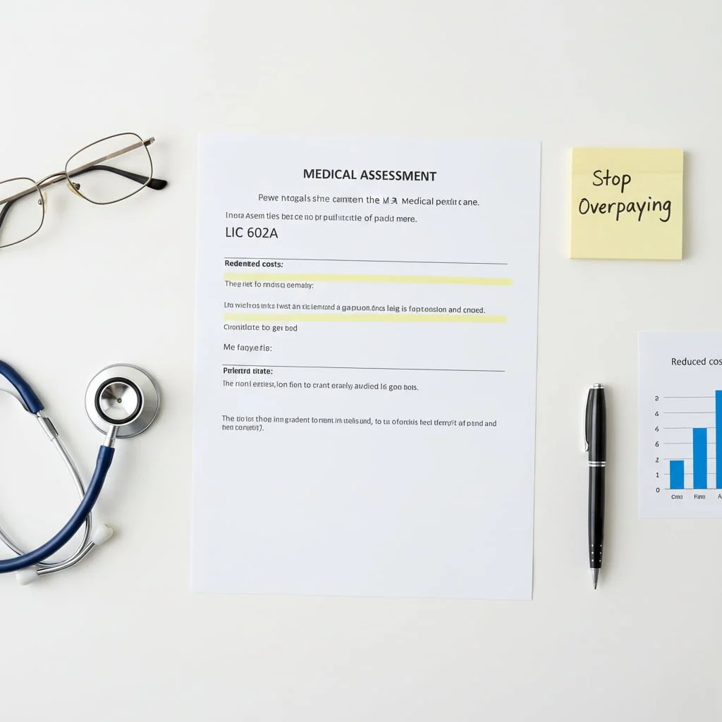 Medical assessment form labeled LIC 602A on a doctor’s desk with stethoscope, glasses, bar chart, and a yellow sticky note that says “Stop Overpaying,” symbolizing accurate cost of care planning.