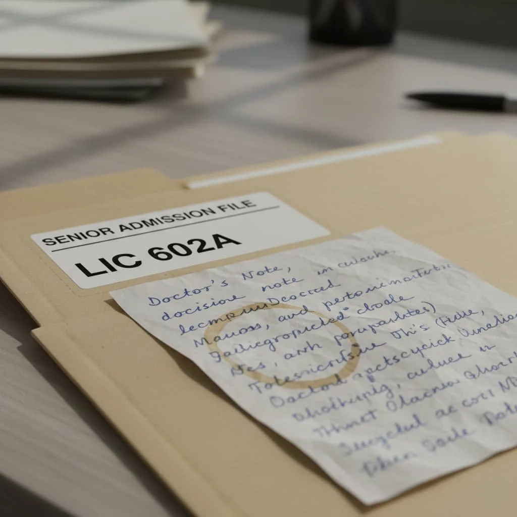 Senior admission file folder labeled “LIC 602A” with a handwritten doctor note on top, suggesting unclear documentation that can delay admissions.
