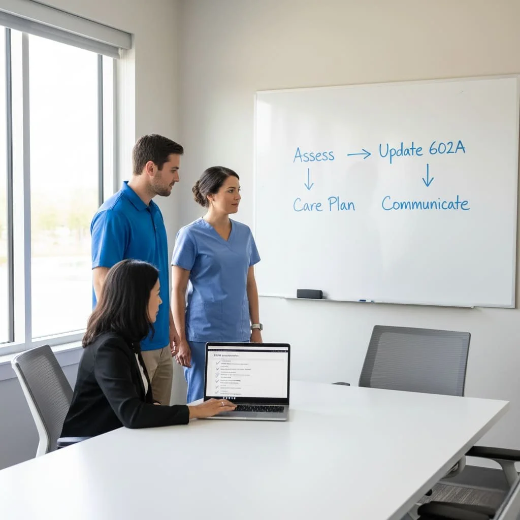 Hospice care coordination meeting with healthcare staff reviewing LIC 602A requirements on a whiteboard and checklist during a palliative care transition.