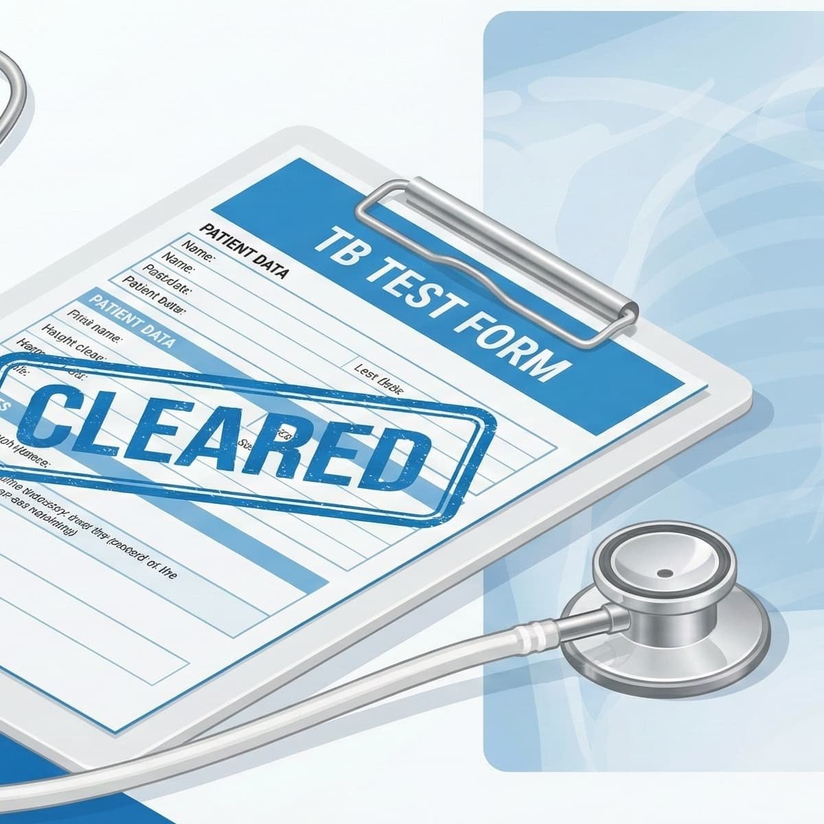 A medical TB test form on a clipboard with a blue "CLEARED" stamp, representing TB clearance after ppd testing for tb. A stethoscope lies next to the document with a faint chest X-ray in the background.